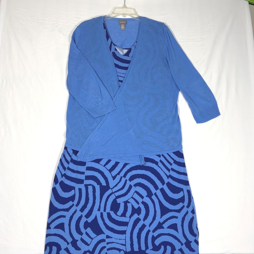 Chico's 2PC Dress & Cardigan Set Blue Geometric Dress Sz 2 Cardigan Sz 3